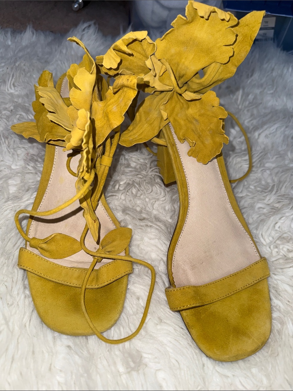 CECILIA NEW YORK Mustard Yellow Suede Floral Tie-Ankle Heels